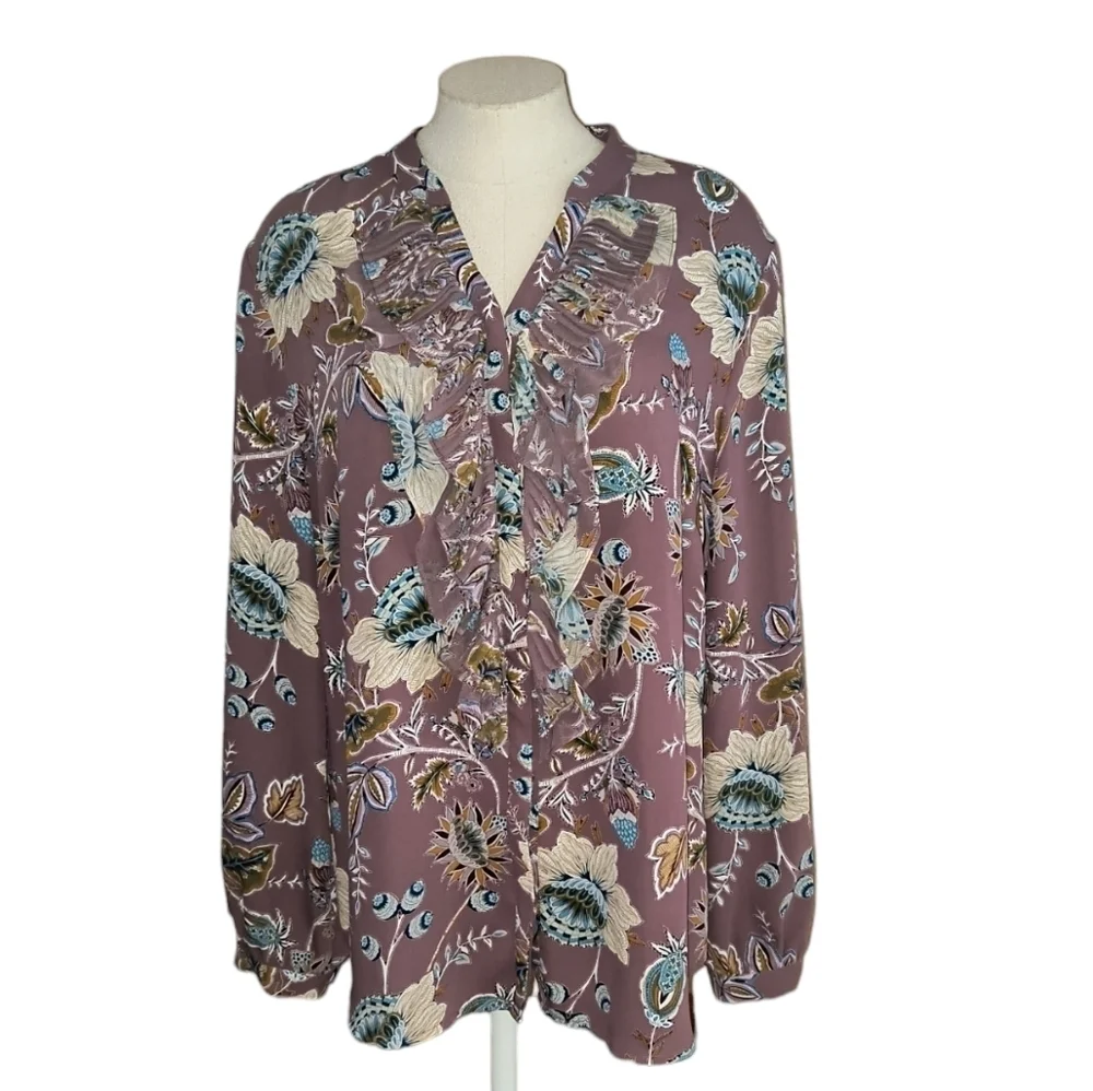 Chico's Floral Long Sleeve Pleated Ruffle Front Button Up Blouse Size 2